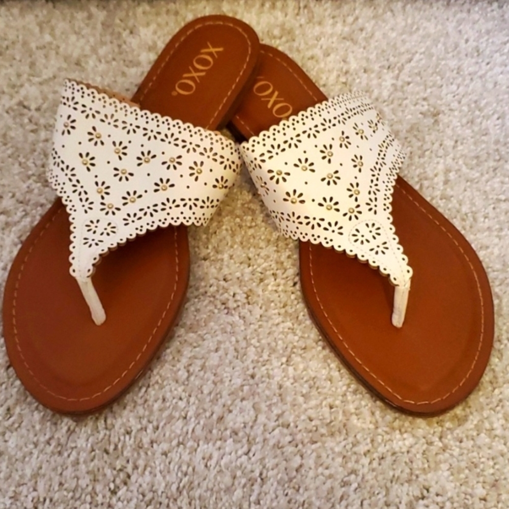 XOXO White and Brown Sandals with Crochet Straps